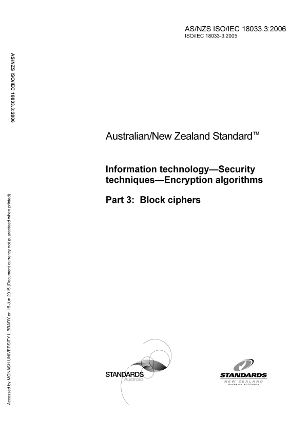 AS/NZS ISO/IEC 18033.3:2006 AS/NZS ISO/IEC 18033.3:2006