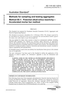 AS 1141.60.1: 09/10/2014 Methods for sampling and testing aggregates, Method 60.1: Potential alkali-silica reactivity – Accelerated mortar bar method