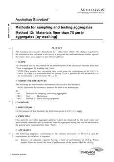 AS 1141.12: 04/14/2015 Methods for sampling and testing aggregates, Method 12: Materials finer than 75 µm in aggregates (by washing)