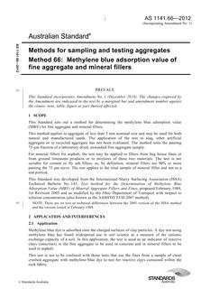 AS 1141.66: 04/16/2012 Methods for sampling and testing aggregates, Method 66: Methylene blue adsorption value of fine aggregate and mineral fillers