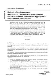 AS 1012.20.1: 10/18/2016 Methods of testing concrete, Method 20.1: Determination of chloride and sulfate in hardened concrete and aggregates – Nitric acid extraction method