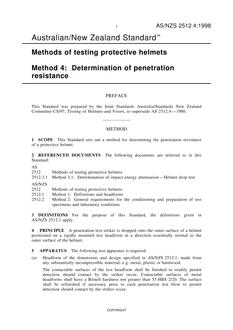 AS/NZS 2512.4: 09/05/1998 Methods of testing protective helmets, Method 4: Determination of penetration resistance