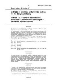 AS 2300.1.2.1: 08/09/1991 Methods of chemical and physical testing for the dairying industry, Method 1.2.1: General methods and principles – Determination of nitrogen – Reference Kjeldahl method