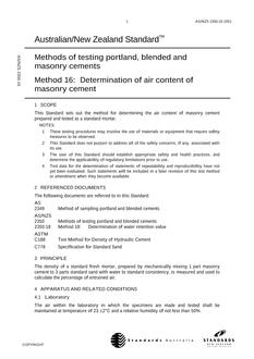 AS/NZS 2350.16: 10/01/2001 Methods of testing portland, blended and masonry cements, Method 16: Determination of air content of masonry cement