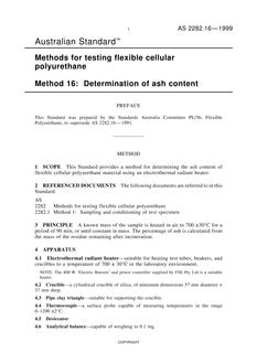 AS 2282.16: 07/05/1999 Methods for testing flexible cellular polyurethane, Method 16: Determination of ash content