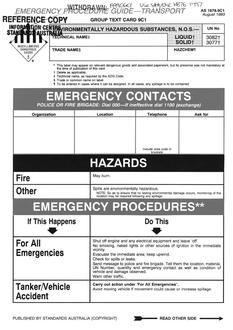 AS 1678.9C1: 01/01/1993 Emergency procedure guide – Transport – Group text EPGs for Class 9 substances – Environmentally hazardous substances, N.O.S
