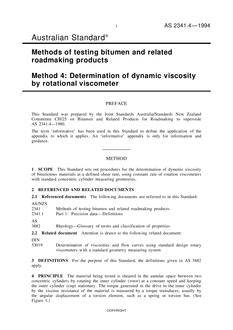 AS 2341.4: 06/14/1994 Methods of testing bitumen and related roadmaking products, Method 4: Determination of dynamic viscosity by rotational viscometer
