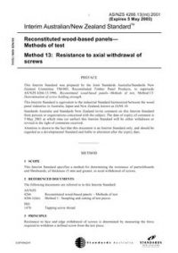 AS/NZS 4266.13(INT): 05/05/2001 Reconstituted wood-based panels – Methods of test, Method 13: Resistance to axial withdrawal of screws