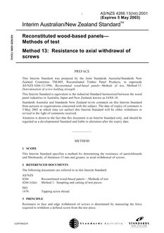 AS/NZS 4266.13(INT): 05/05/2001 Reconstituted wood-based panels – Methods of test, Method 13: Resistance to axial withdrawal of screws