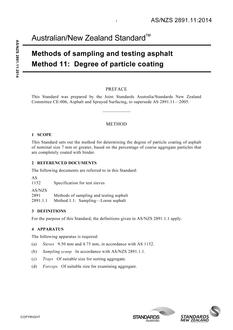 AS/NZS 2891.11: 05/16/2014 Methods of sampling and testing asphalt, Method 11: Degree of particle coating AS/NZS 2891.11: 05/16/2014 Methods of sampling and testing asphalt, Method 11: Degree of particle coating