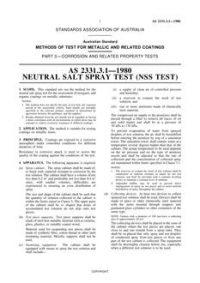 AS 2331.3.1: 01/01/1980 Methods of test for metallic and related coatings, Part 3.1: Corrosion and related property tests – Neutral salt spray (NSS) test