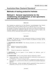 AS/NZS 2512.2: 09/05/1998 Methods of testing protective helmets, Method 2: General requirements for the conditioning and preparation of test specimens and laboratory conditions