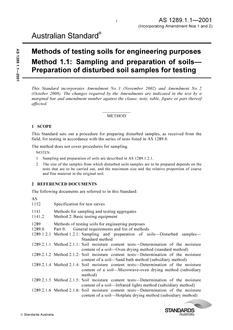 AS 1289.1.1: 07/12/2001 Methods of testing soils for engineering purposes, Method 1.1: Sampling and preparation of soils – Preparation of disturbed soil samples for testing