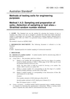 AS 1289.1.4.2: 04/05/1998 Methods of testing soils for engineering purposes, Method 1.4.2: Sampling and preparation of soils – Selection of sampling or test sites – Stratified random number method