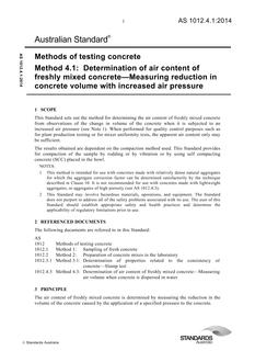 AS 1012.4.1: 04/04/2014 Methods of testing concrete, Method 4.1: Determination of air content of freshly mixed concrete – Measuring reduction in concrete volume with increased air pressure