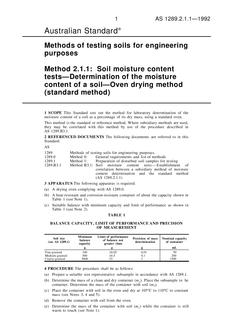 AS 1289.2.1.1: 01/01/1992 Methods of testing soils for engineering purposes, Method 2.1.1: Soil moisture content tests – Determination of the moisture content of a soil – Oven drying method (standard method)