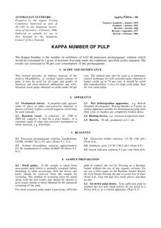 AS 1301.P201M: 12/31/1985 Methods of test for pulp and paper (metric units) – Kappa number of pulp