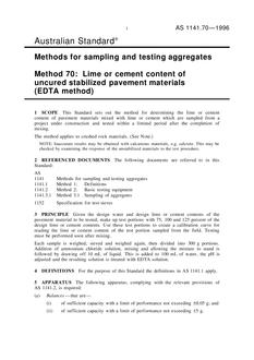 AS 1141.70: 01/01/1996 Methods for sampling and testing aggregates – Lime or cement content of uncured stabilized pavement materials (EDTA method)