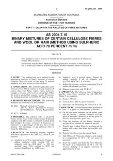 AS 2001.7.15: 03/06/1983 Methods of test for textiles, Part 7.15: Quantitative analysis of fibre mixtures – Binary mixtures of certain cellulose fibres and wool or hair (method using sulphuric acid 70% m/m)