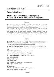 AS 4276.12: 01/01/1995 Water microbiology, Method 12: Pseudomonas aeruginosa – Estimation of most probable number (MPN)