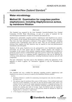 AS/NZS 4276.20: 05/16/2003 Water microbiology, Method 20: Examination for coagulase positive staphylococci, including Staphylococcus aureus, by membrane filtration