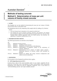 AS 1012.5: 12/01/2014 Methods of testing concrete, Method 5: Determination of mass per unit volume of freshly mixed concrete