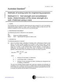 AS 1289.6.2.1: 07/12/2001 Methods of testing soils for engineering purposes, Method 6.2.1: Soil strength and consolidation tests – Determination of the shear strength of a soil – Field test using a vane