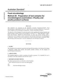 AS 5013.20: 03/09/2017 Food microbiology, Method 20: Preparation of test samples for microbiological examination – Poultry and poultry product surfaces