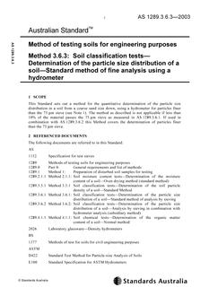 AS 1289.3.6.3: 01/01/2003 Methods of testing soils for engineering purposes, Method 3.6.3: Soil classification tests – Determination of the particle size distribution of a soil – Standard method of fine analysis using a hydrometer