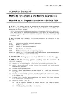 AS 1141.25.1: 01/01/1996 Methods for sampling and testing aggregates, Method 25.1: Degradation factor – Source rock