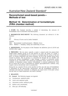 AS/NZS 4266.16: 04/05/1995 Reconstituted wood-based panels – Methods of test, Method 16: Determination of formaldehyde (FIRA chamber method)