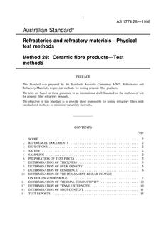 AS 1774.28: 01/01/1998 Refractories and refractory materials – Physical test methods, Method 28: Ceramic fibre products – Test methods
