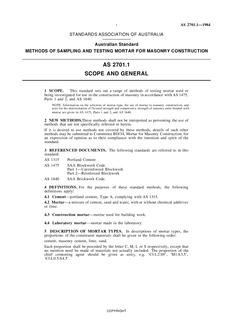 AS 2701.1: 01/01/1984 Methods of sampling and testing mortar for masonry construction – Scope and general