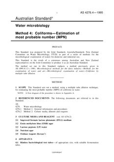 AS 4276.4: 01/01/1995 Water microbiology, Part 4: Coliforms – Estimation of most probable number (MPN)