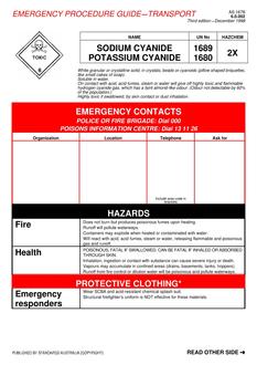 AS 1678.6.0.002: 12/05/1998 Emergency procedure guide – Transport – Sodium cyanide, Potassium cyanide