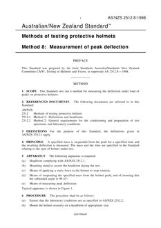 AS/NZS 2512.8: 09/05/1998 Methods of testing protective helmets, Method 8: Measurement of peak deflection
