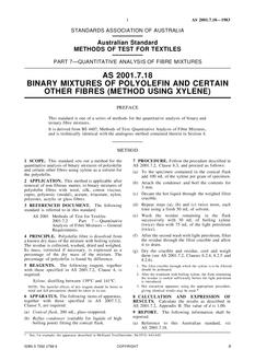 AS 2001.7.18: 03/07/1983 Methods of test for textiles, Part 7.18: Quantitative analysis of fibre mixtures – Binary mixtures of polyolefin and certain other fibres (method using xylene)
