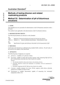 AS 2341.32: 05/05/2008 Methods of testing bitumen and related roadmaking products, Method 32: Determination of pH of bituminous emulsions