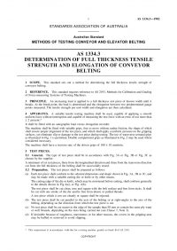AS 1334.3: 02/08/1982 Methods of testing conveyor and elevator belting, Part 3: Determination of full thickness tensile strength and elongation of conveyor belting