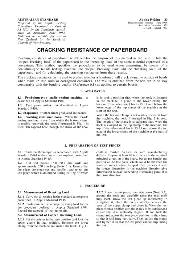 AS 1301.P428RP: 12/31/1982 Methods of test for pulp and paper – Metric units, Part 428RP: Cracking resistance of paperboard