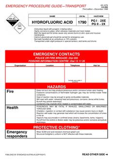 AS 1678.8.0.008: 12/05/1998 Emergency procedure guide – Transport – Hydrofluoric acid