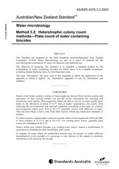 AS/NZS 4276.3.2: 03/18/2003 Water microbiology, Method 3.2: Heterotrophic colony count methods – Plate count of water containing biocides