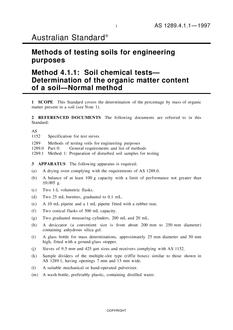 AS 1289.4.1.1: 03/05/1997 Methods of testing soils for engineering purposes, Method 4.1.1: Soil chemical tests – Determination of the organic matter content of a soil – Normal method