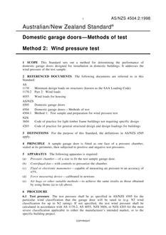 AS/NZS 4504.2: 04/05/1998 Domestic garage doors – Methods of test, Method 2: Wind pressure test AS/NZS 4504.2: 04/05/1998 Domestic garage doors – Methods of test, Method 2: Wind pressure test