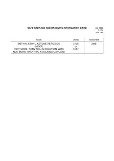 AS 2508.5.005: 01/01/1992 Safe storage and handling information card – Methyl ethyl ketone peroxide (MEKP) (not more than 50% in solution with not more than 10% available oxygen)