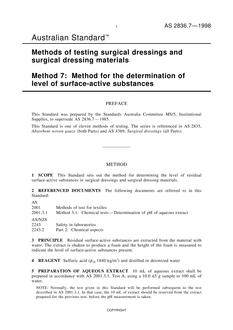 AS 2836.7: 01/01/1998 Methods of testing surgical dressings and surgical dressing materials, Method 7: Method for the determination of level of surface-active substances