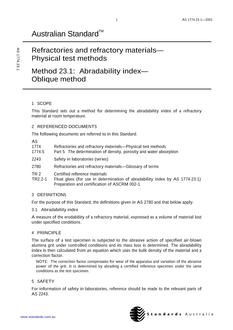 AS 1774.23.1: 04/19/2001 Refractories and refractory materials – Physical test methods, Method 23.1: Abradability index – Oblique method