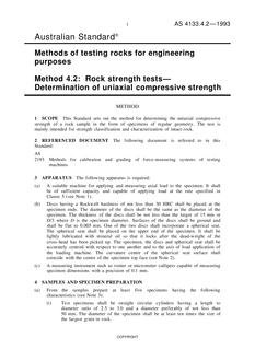 AS 4133.4.2: 01/01/1993 Methods of testing rocks for engineering purposes, Method 4.2: Rock strength tests – Determination of uniaxial compressive strength
