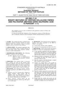 AS 2001.7.10: 03/07/1983 Methods of test for textiles, Part 7.10: Quantitative analysis of fibre mixtures – Binary mixtures of certain cellulose fibres and polyester (method using sulphuric acid 75% m/m)