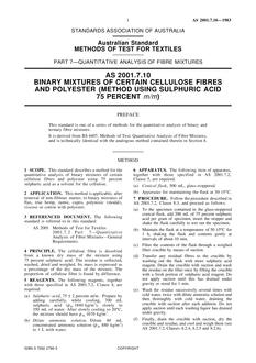 AS 2001.7.10: 03/07/1983 Methods of test for textiles, Part 7.10: Quantitative analysis of fibre mixtures – Binary mixtures of certain cellulose fibres and polyester (method using sulphuric acid 75% m/m)